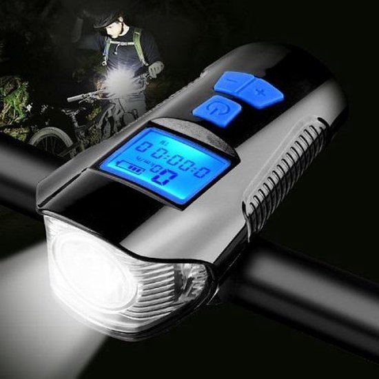 Voorlicht fiets - Fietslicht - Koplamp fiets - Snelheidsmeter - Claxon - Vier standen- Led voorlamp - 500 lumen - Usb oplaadbaar - Waterdicht- Zwart