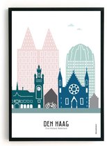 Skyline-Poster Den Haag Kleur in Kunststof Fotolijst