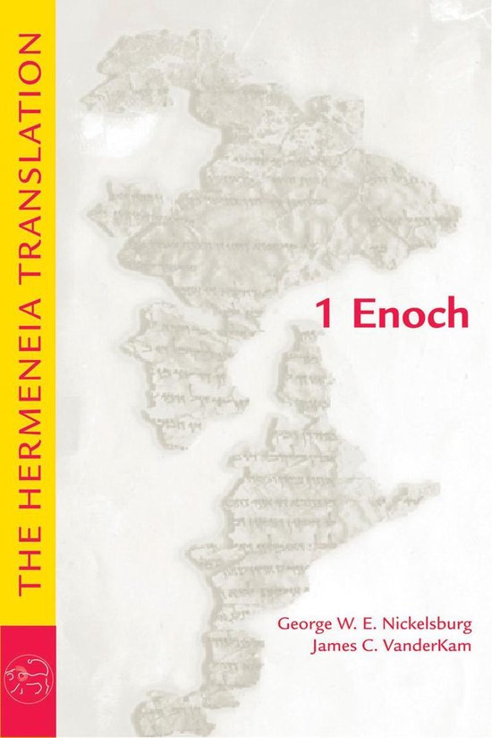 De HERMENEIA TRANSLATION 1 Enoch in rode letters, met een beige kaart van manuscriptfragmenten.