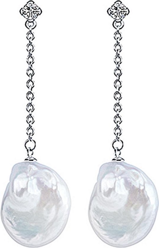 Zoetwater parel oorbellen Bling Dangling Coin Pearl - oorstekers - echte parels - wit - sterling zilver (925) - stras stenen