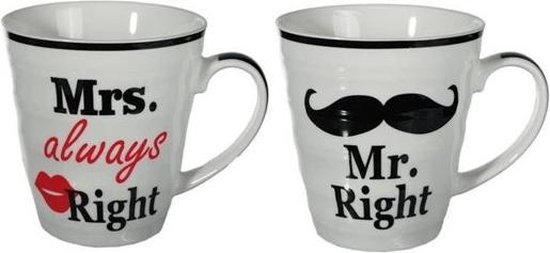 Amore 60 Jaar van zijn Mr Right en Mrs Always Right Paar China Mokken - 10e Set