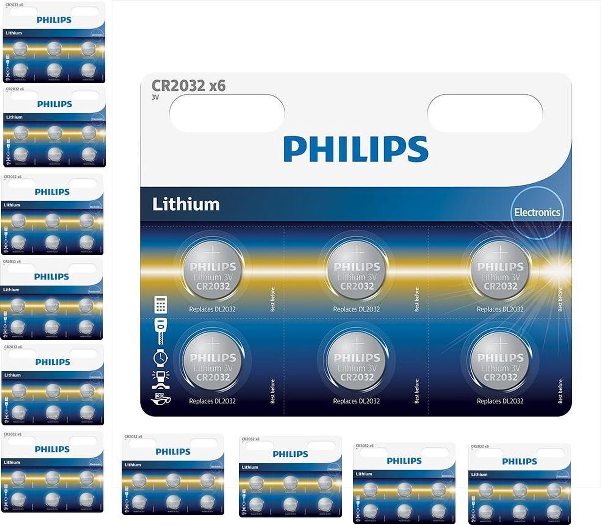 60 Stuks (10 blisters a 6st) - 6-Pack Philips CR2032 3v lithium knoopcelbatterij