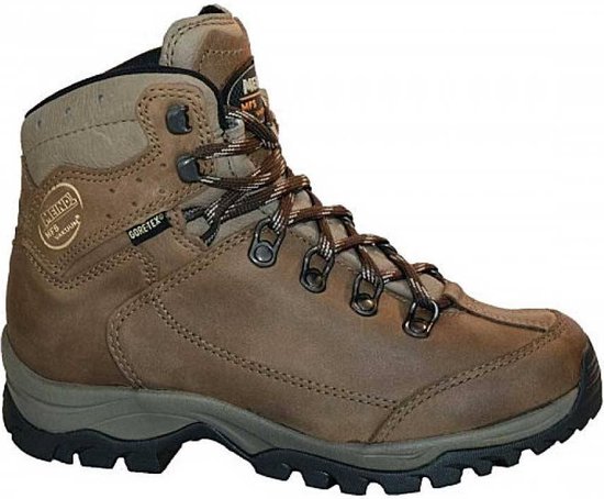 Bruine leren mid-hoge wandelschoen met Gore-Tex, vetersluiting en Meindl logo.