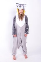 KIMU Onesie wolf kind husky pak kostuum grijs - maat 146-152 - hond wolvenpak jumpsuit pyjama