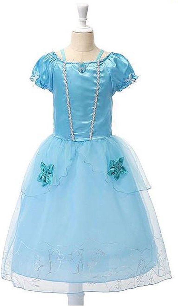 Assepoester jurk Prinsessen jurk verkleedjurk (140) blauw met broche kinderen + blauwe kroon — afbeelding 4