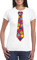 Foute Kerst t-shirt stropdas met kerstballen print wit voor dames S