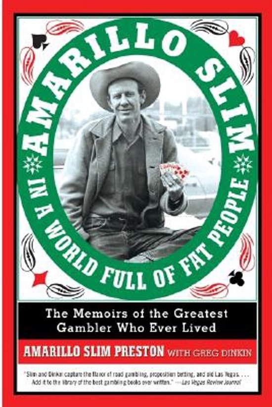 Boek 'Amarillo Slim In A World Full Of Fat People', met Amarillo Slim Preston die een kaartspel vasthoudt, omringd door een groene cirkel met rode rand en speelkaartsymbolen.