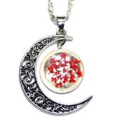 Ketting met maan hanger en hanger met echte rode bloem