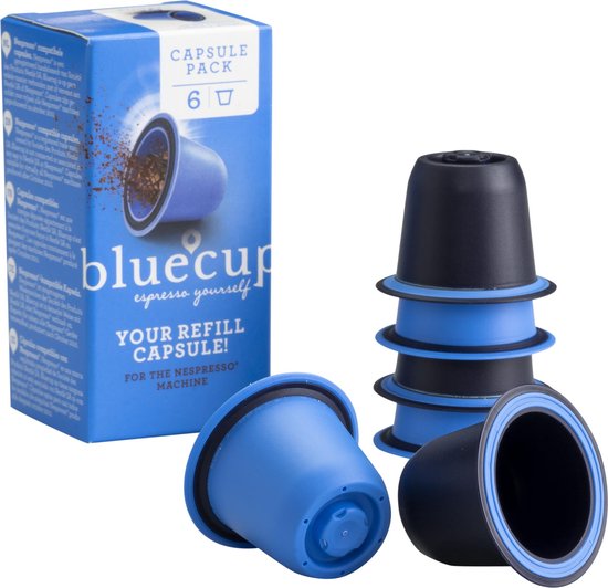 Foto: Bluecup cuppakket hervulbare nespresso cup aanvulling op start pakket en werkt met hema koffiecapsulemaker