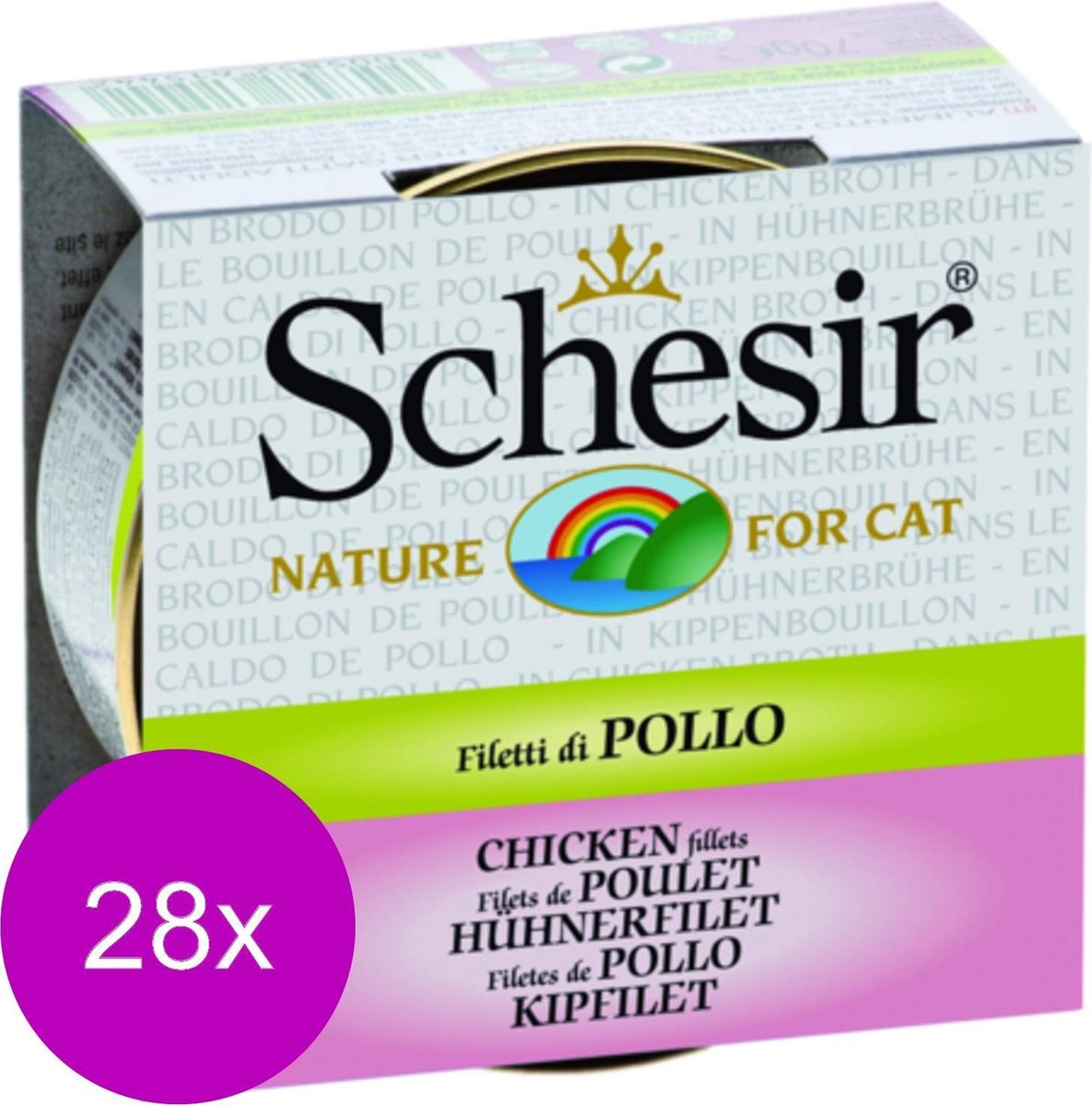 Schesir Kat Bouillon 70 g – Kattenvoer – 28 x Kip Blik