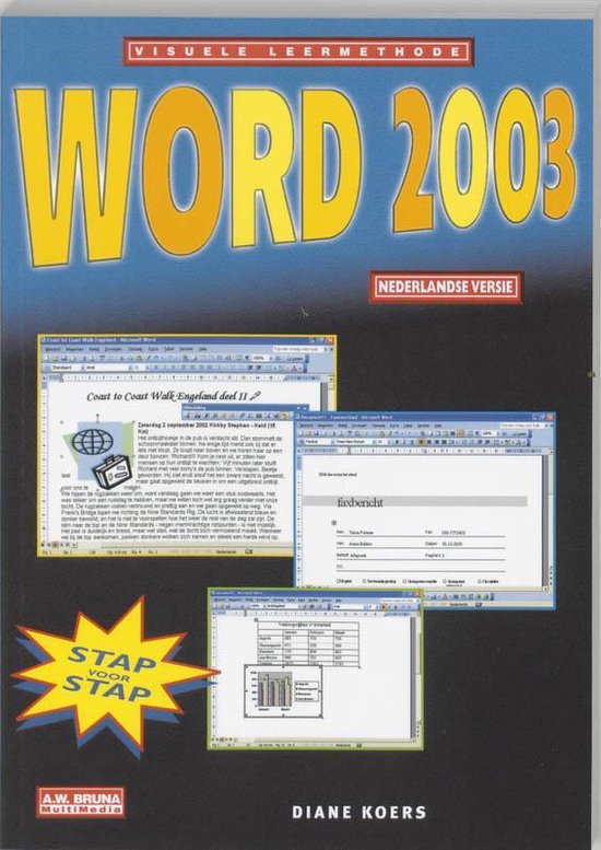 Leerboek 'Visuele leermethode Word 2003' met screenshots van Microsoft Word op een blauwe en zwarte achtergrond.