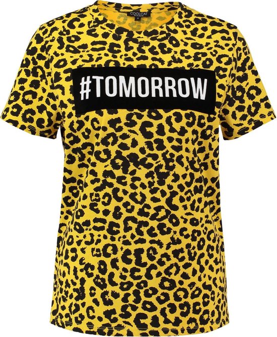 Coolcat Shirt T-shirt met tekst en all over luipaardprint - Warm Geel - Xs  | bol.com
