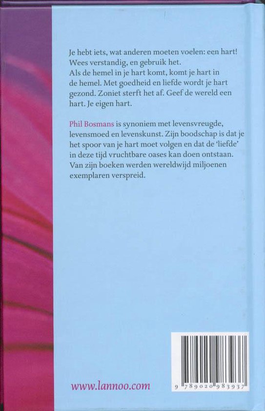 Achterkant van een boek met roze en paarse achtergrond. Tekst over Phil Bosmans, met website en ISBN.