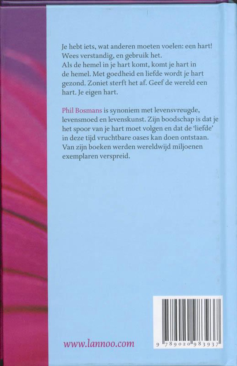 Achterkant van een boek met roze en paarse achtergrond. Tekst over Phil Bosmans, met website en ISBN.