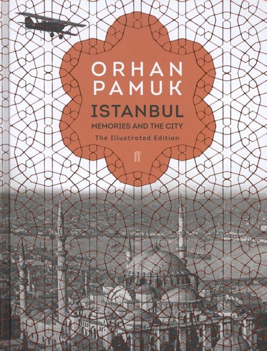 Boek 'Istanbul Memories and the City' van Orhan Pamuk. Met een patroon in rood en een vliegtuigje en stadsgezicht.