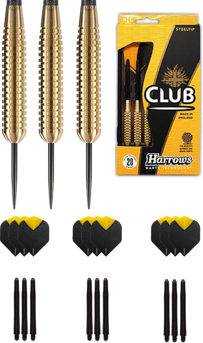 Harrows - Club Brass 100% Ringed Brass darts met 9 - dartshafts - en 9 - dartflights - 21 gram - dartpijlen