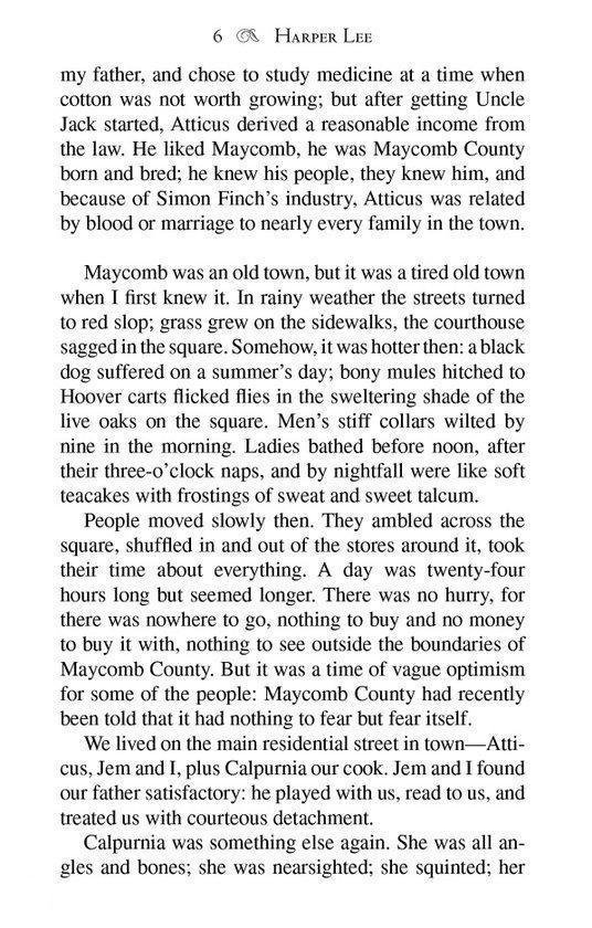 Page 6 de "To Kill a Mockingbird" par Harper Lee, avec du texte sur Maycomb.