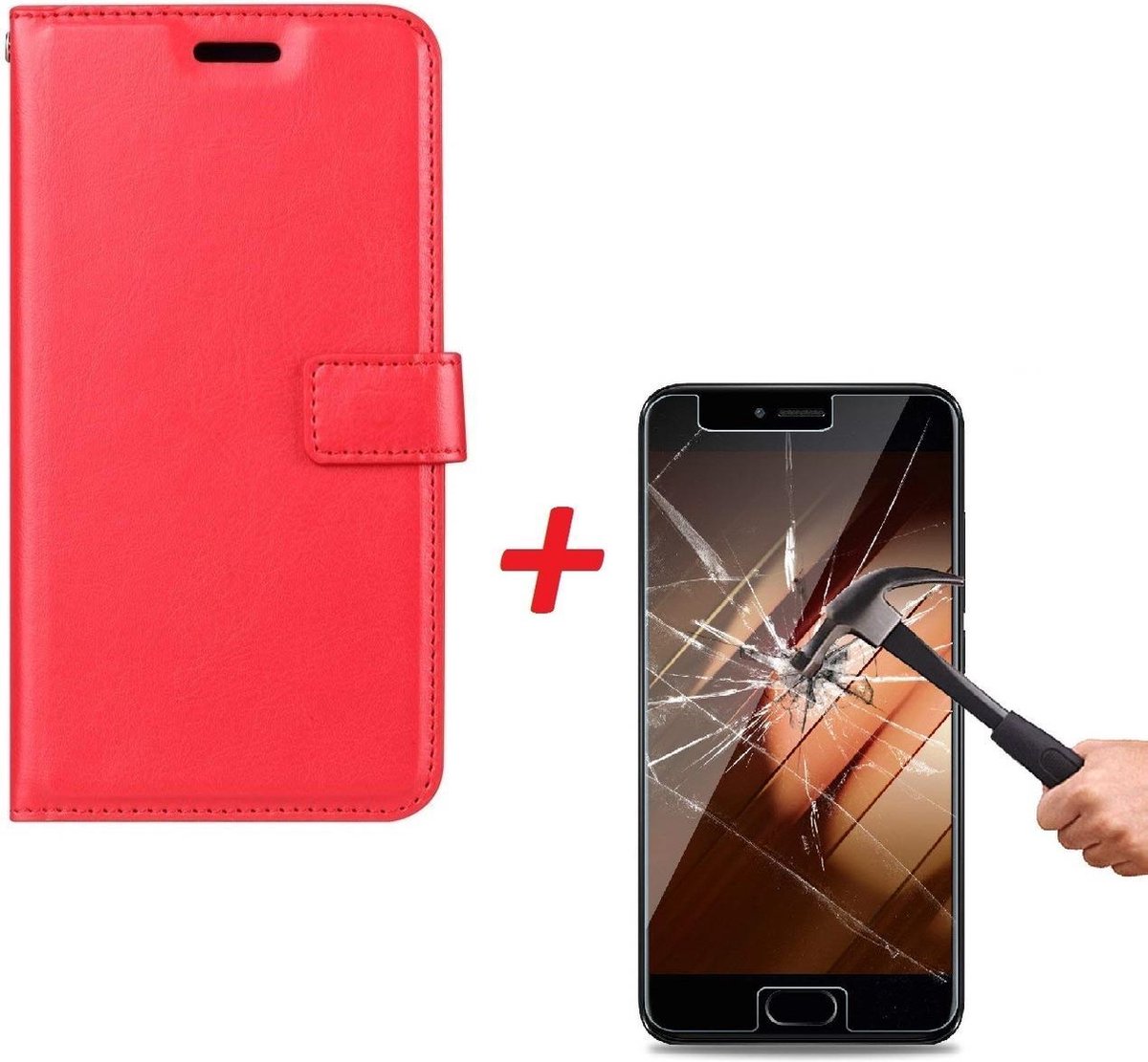Huawei P Smart Portemonnee hoesje rood met Tempered Glas Screen protector