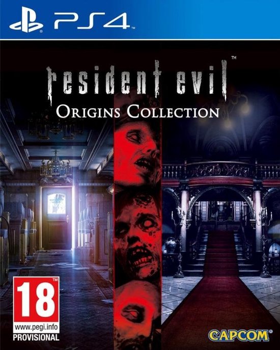 PlayStation 4-hoes met de titel 'resident evil ORIGINS COLLECTION'. Toont een donkere, griezelige hal met zombiegezichten op een verticale strip.