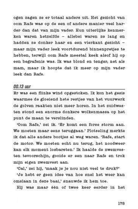 Tekstpagina met de titel '00.13 uur' en een verhaal over vuurwerk, onweer en een personage genaamd Rafe.