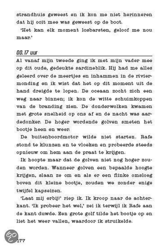 Tekstpagina uit een boek, met een stuk over een strandhuis en een boottocht.