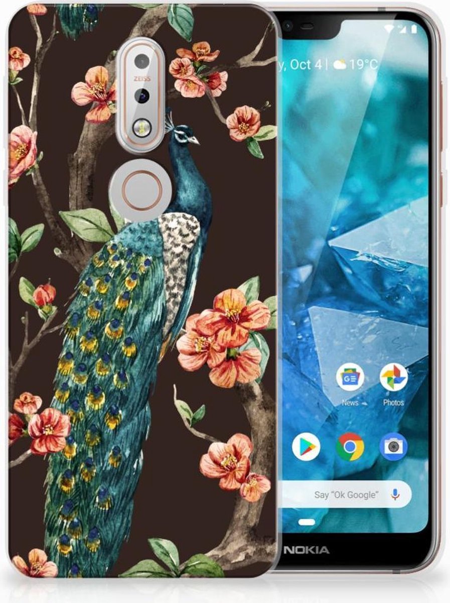 Nokia 7.1 TPU Hoesje Pauw met Bloemen