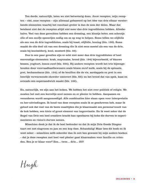 Pagina met tekst over recepten en de handtekening 'Hugh'.
