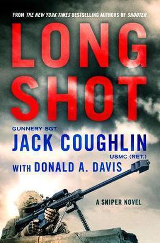 Boekomslag voor 'Long Shot', een sniper roman, met een sniper die zijn geweer klaarmaakt.