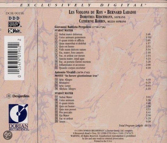 Achterkant van cd-hoesje met tracklist voor Pergolesi's Stabat Mater en Vivaldi's Motet 'In furore giustiissimae irae'.