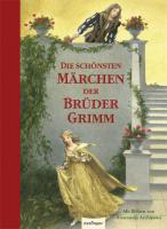 Boekomslag met de titel 'Die schönsten Märchen der Brüder Grimm' en illustraties van prinses en prins op een trap.