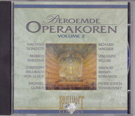 CD-hoes "Beroemde Operakoren Volume 2" in hoesje. Midden staat een afbeelding van een theater met publiek.