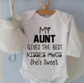 Baby Romper tekst |  My Aunt gives the best kisses hugs she's sweet  | Lange mouw | wit zwart | maat  50/56 | cadeau voor tante - kraamcadeau nichtje neefje geboren – kraamgeschenk
