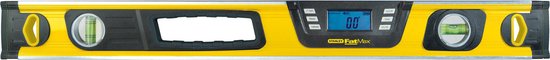Gele en zilverkleurige Stanley FatMax digitale waterpas met handvat en drie bubbels.