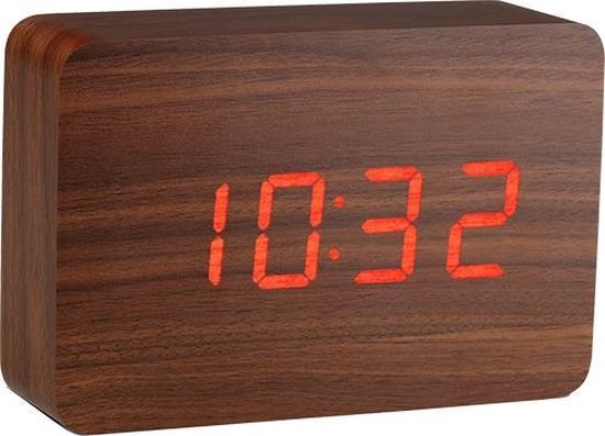 Gingko Brick click clock Wekker - Walnoothout/LED Rood