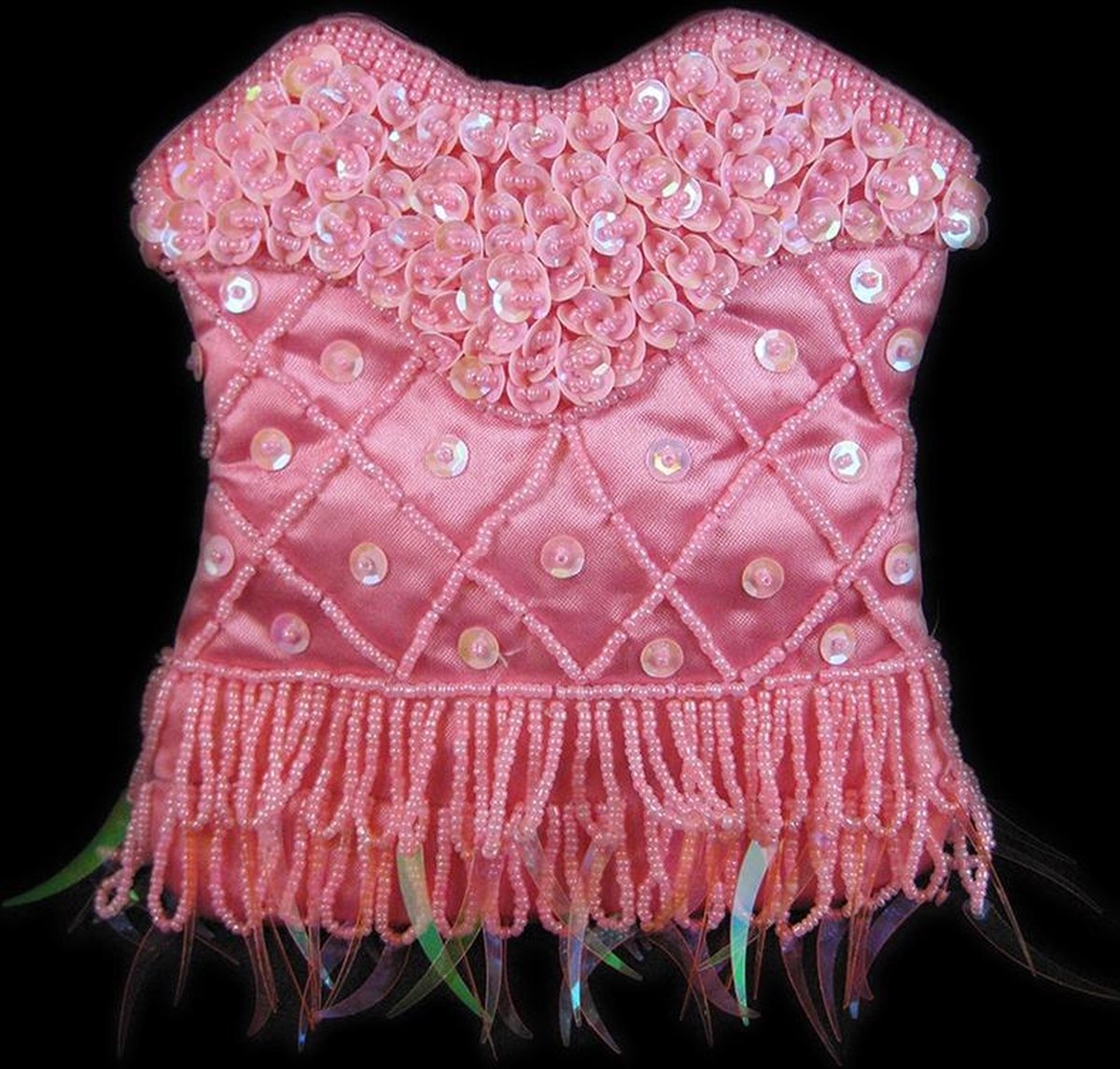 Roze Schouder Tasje Pailletten, Roze Tas, String van Kraaltjes 140 cm, Chique Tasje, Handgemaakt Indonesië 15 x 13 cm