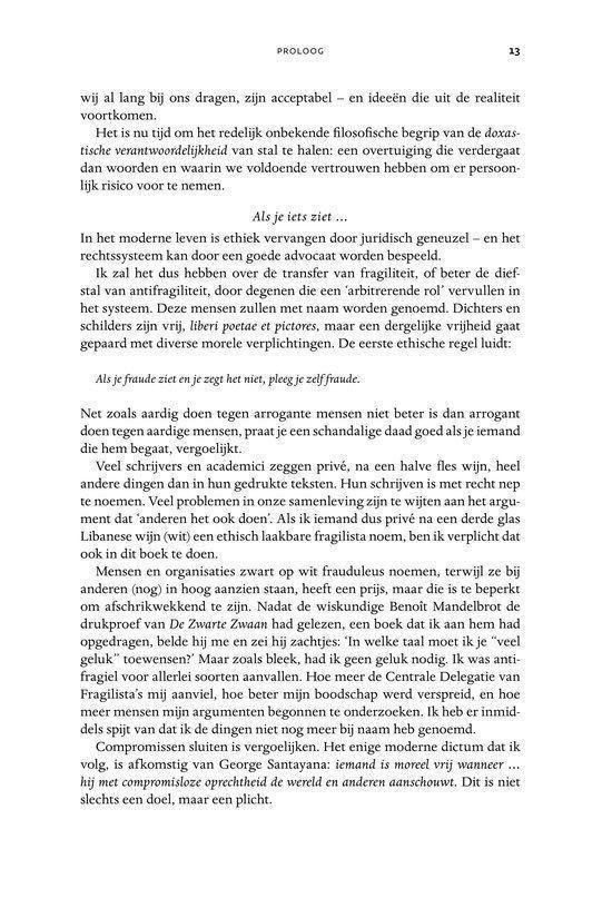 Pagina 13 van het boek 'Proloog' met tekst over de Zwarte Zwaan, risico en kritiek.