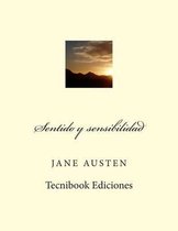 Boek "Sentido y sensibilidad" van Jane Austen, met een zonsondergang over bergen.