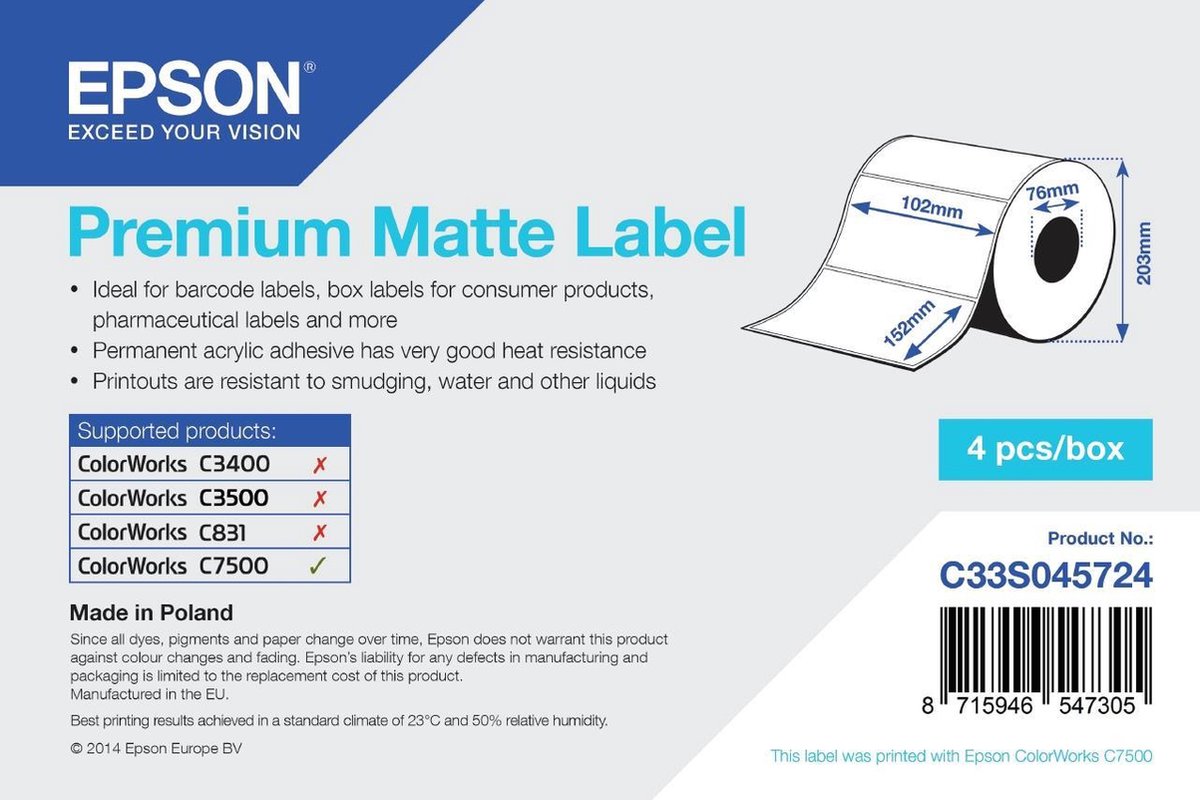 Epson printeretiketten Premium Matte 102mm x 152mm, 800