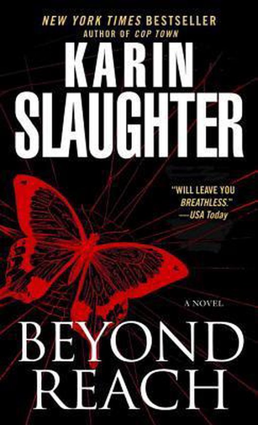 Boek 'Beyond Reach' van Karin Slaughter. Een rode vlinder met zwarte patronen op een donkere achtergrond.