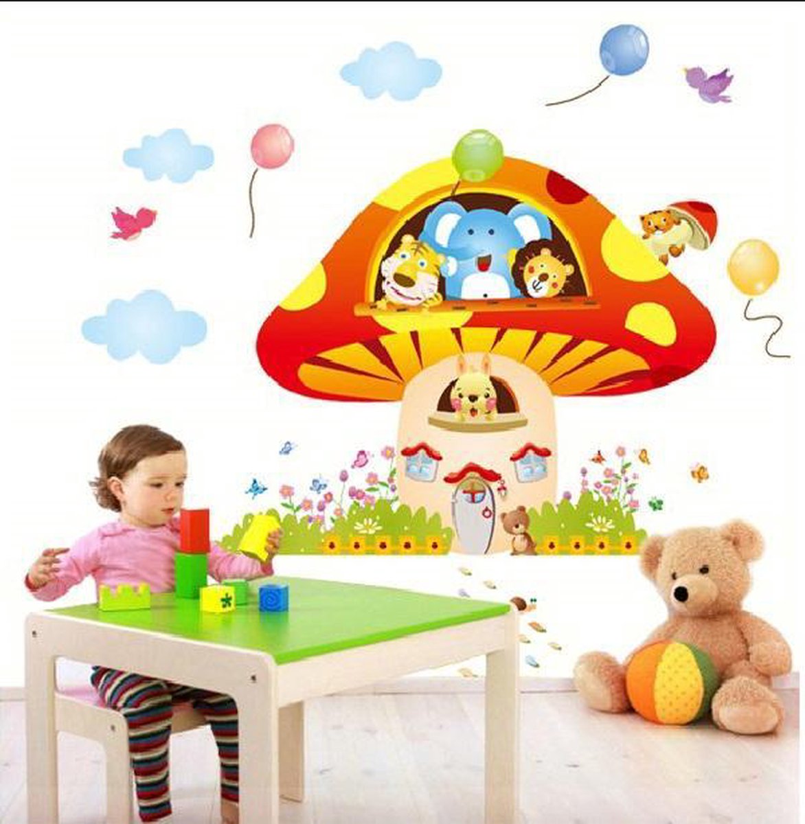 Vrolijke Premium Muursticker Paddestoel Met Dieren XL Olifant Tijger Leeuw Eekhoorn Konijn Beer - Voor Kinderkamer / Babykamer V2