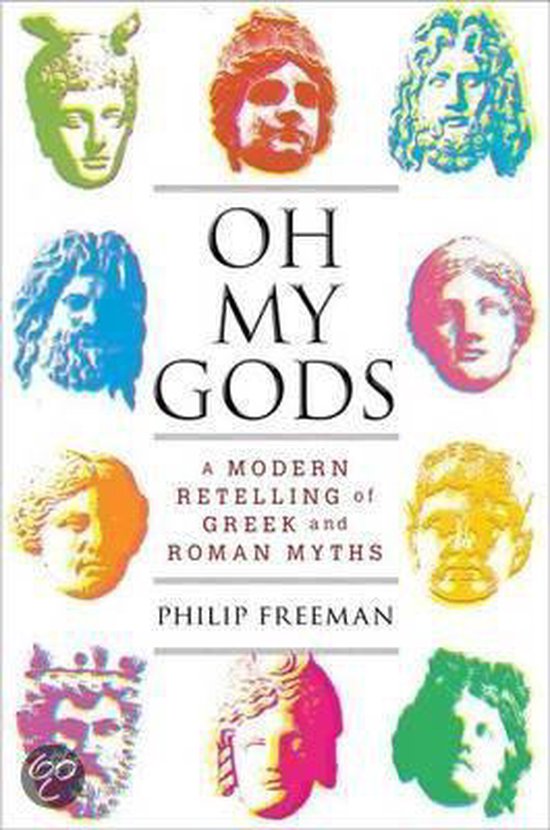 Livre 'Oh My Gods' avec des représentations de têtes mythologiques en couleurs vives.