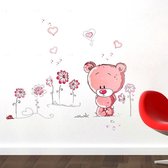 Muursticker Babykamer Of Kinderkamer Meisjes - Roze Beertje & Bloemen & Hartjes