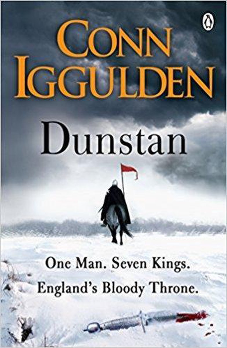 Boekcover van 'Dunstan' door Conn Iggulden. Een ridder te paard met rode vlag in een besneeuwd landschap met donkere wolken.
