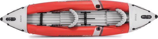 Bovenaanzicht van een rode en grijze Intex Excursion Pro kajak voor twee personen.