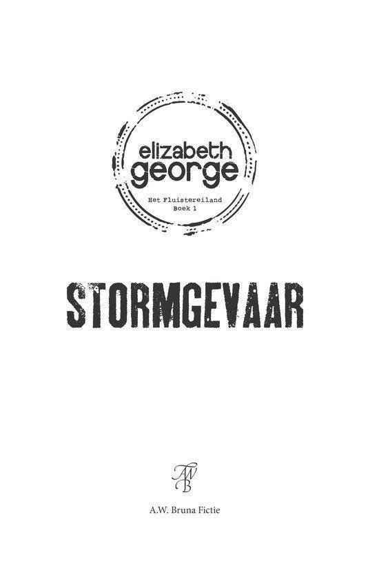 Titelpagina van het boek 'Stormgevaar' van Elizabeth George met een stempel-logo en de naam A.W. Bruna Fictie.