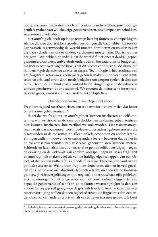 Pagina 5 van het boek 'Proloog' met tekst over antifragiliteit, risico en gebeurtenissen.