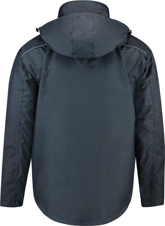 Donkerblauwe Tricorp parka, zichtbaar vanaf de achterkant, met capuchon en reflecterende details.