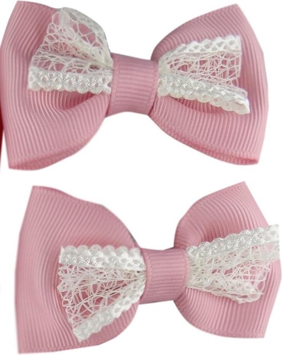 Foto: Jessidress baret meisje haarclip met haarstrikje met kant donker roze