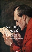 Boekomslag van A Study in Scarlet met een schilderij van Arthur Conan Doyle die een brief vasthoudt, met de tekst "ARTHUR CONAN DOYLE A STUDY IN SCARLET".