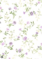 Dutch Wallcoverings Vlakvinylbehang bloemetje - wit paars/groen